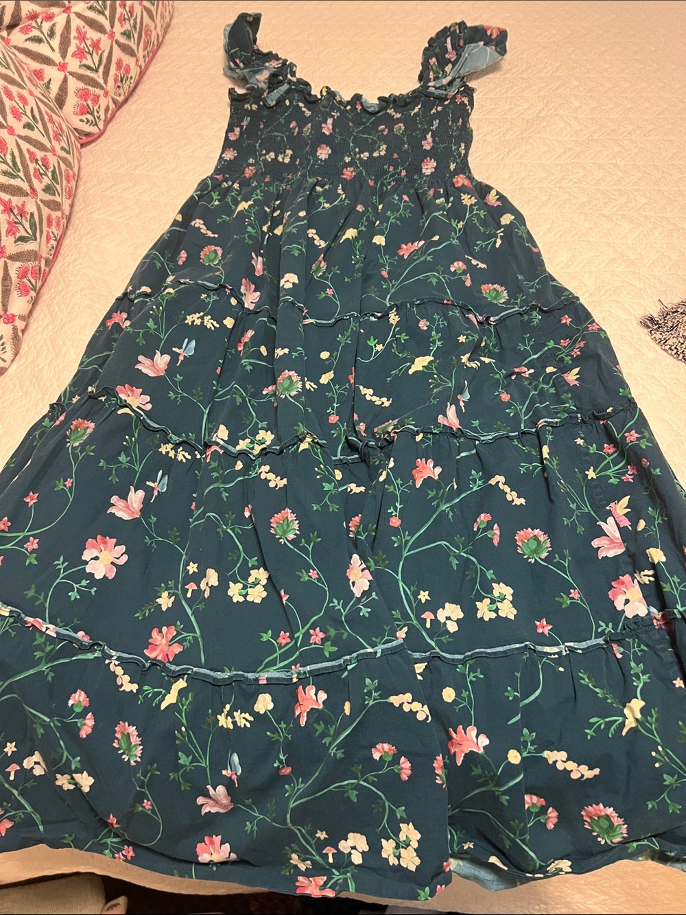 Smocked Floral Maxi Dress in Dark Teal